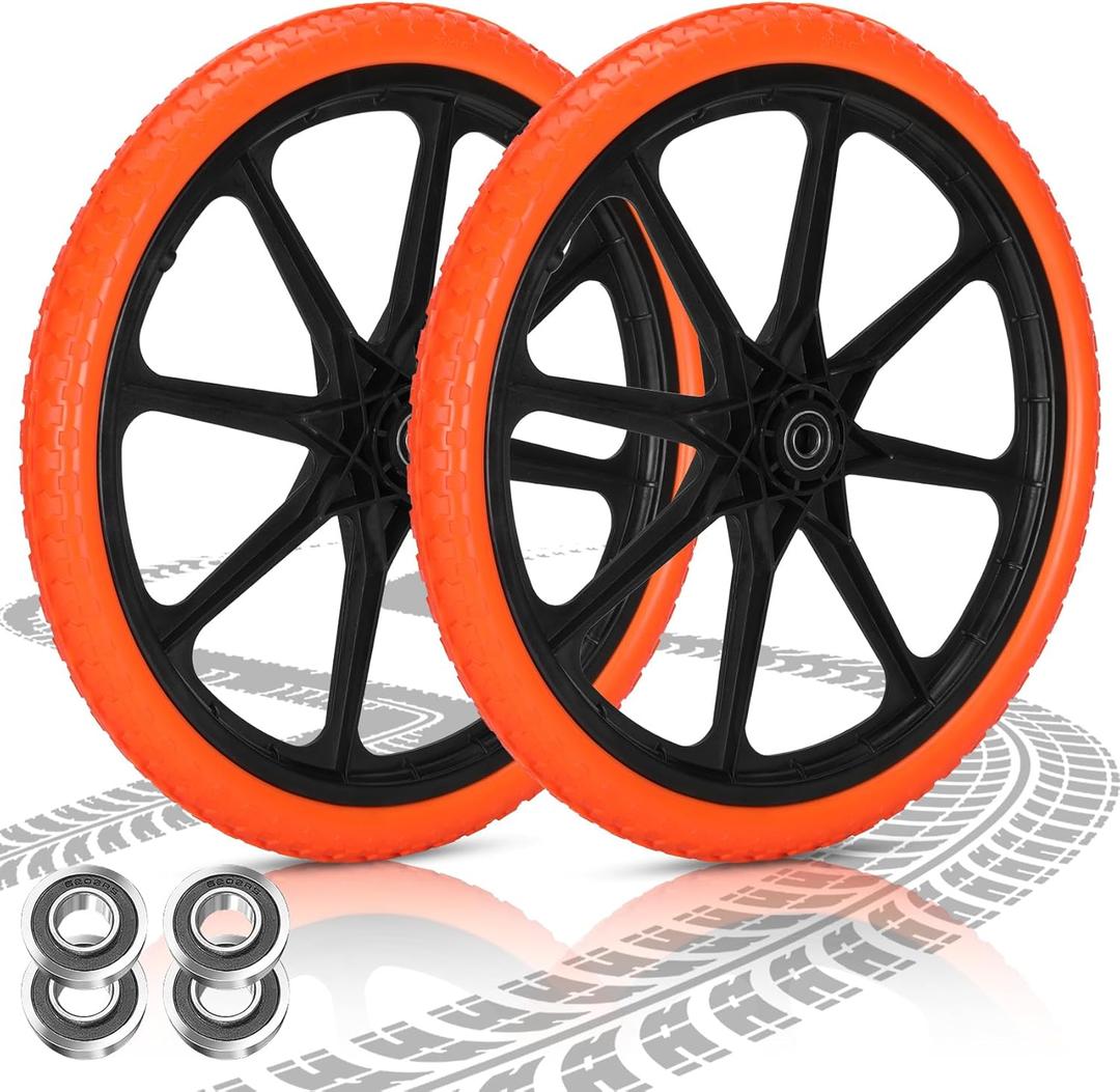 Upgraded 20x1.95" Flat Free Tires Compatible with rubbermaid Wheelbarrow Wheels, 20" Flat Free Tires with 5/8" and 3/4" Bearing Replacement for rubbermaid Cart Wheels/Big Wheel Utility Carts (Orange)