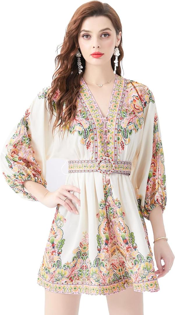LAI MENG FIVE CATS Women's V-Neck Floral Print Lantern Sleeve Button up Belt Dress Casual Mini Dress XS