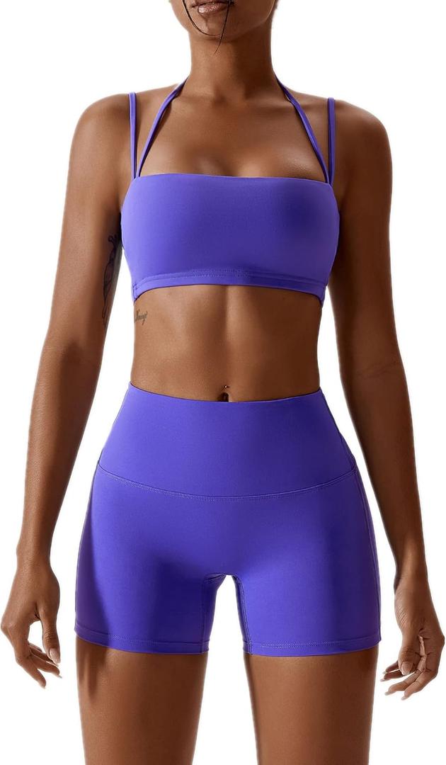ABOCIW Workout Sets for Women 2 Piece Twist Front Halter Sports Bras High Waist Biker Shorts Exercise Gym Yoga Outfit (Medium, Z-purple)