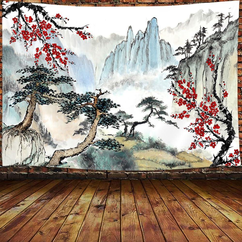 JAWO Cherry Blossom Japanese Wall Tapestry - Nature Landscape Decor for Living Room Home (80X60 inch, Blue)