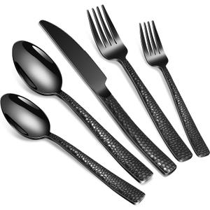 40-Piece Silverware Set, Black Hammered Stainless Steel Flatware Sets for 8, Food-Grade Tableware Set, Including Fork Knife Spoon Set, Durable Home Kitchen Cutlery Sets, Dishwasher Safe