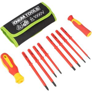 9 x OEMTOOLS 22593 10 Piece Insulated Screwdriver Set, 4 Flathead Screwdrivers, 4 Phillips Screwdrivers, Interchangeable Blades And Electrician Tool Pouch