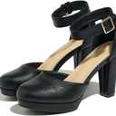 Women's High Block Heels Pumps Round Closed Toe Ankle Strap Wedding Dress Shoes (9.5, Black)