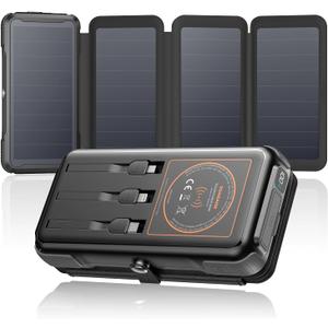 SOARAISE Wireless Solar Power Bank, 25000mAh Solar Charger with Built-in 3 Cables, Dual Outputs, 4 Solar Panels & 3 LED Flashlights, Portable Phone Charger for Outdoor CampingBlack