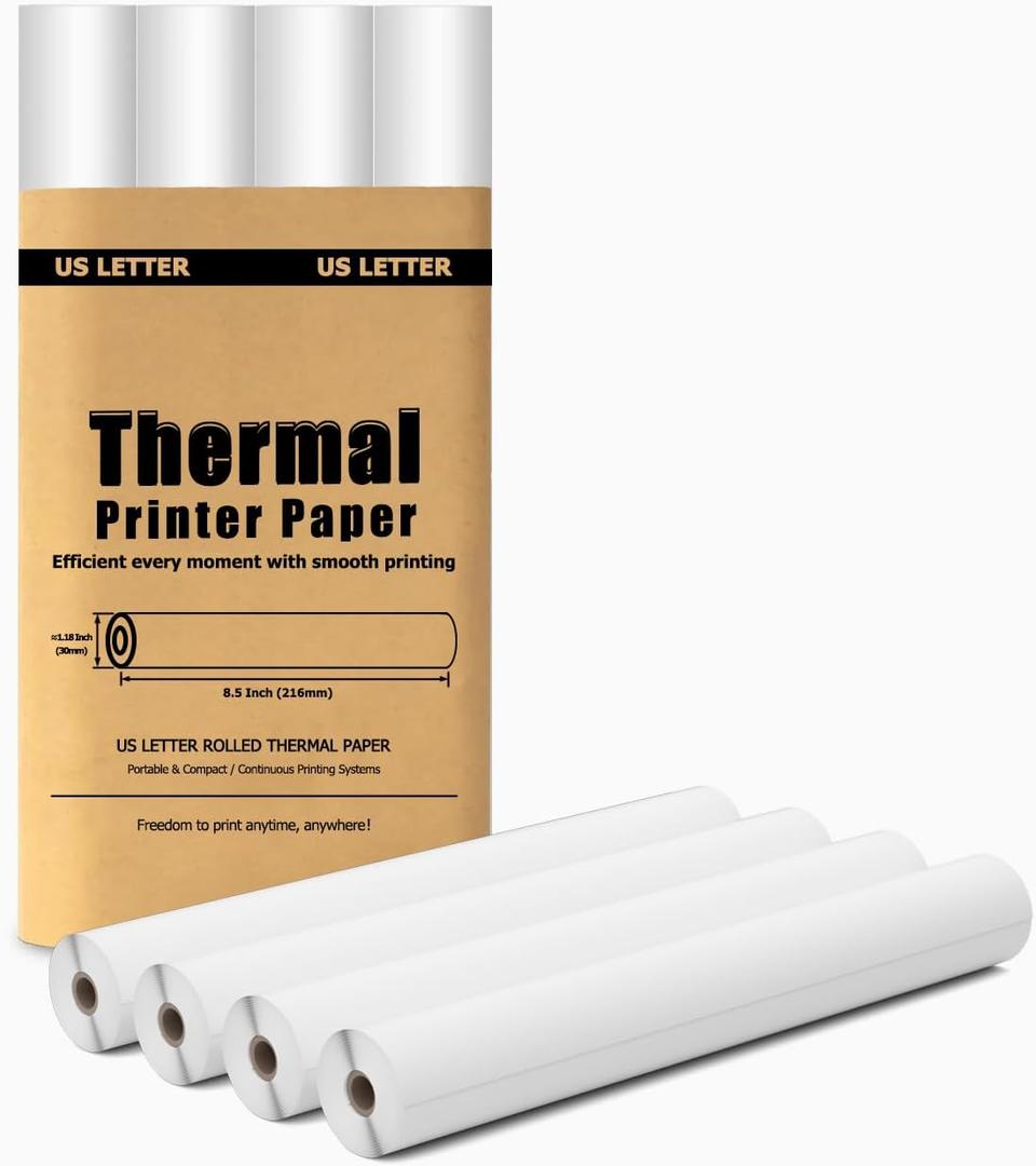 4 Rolls Thermal Paper 8.5 x 11 for Portable Printer, Compatible with D810/ M834/ MT610 Pro Wireless Printers for Home Use and Travel as Letter Paper
