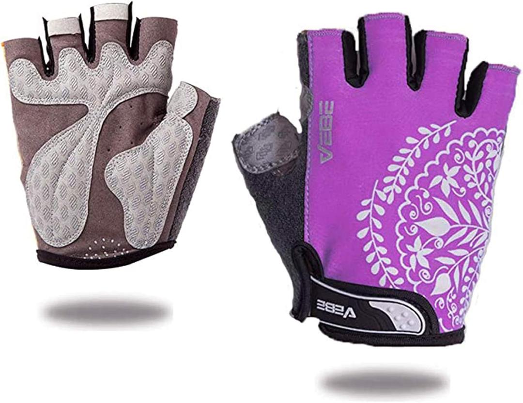 VEBE Women Cycling Gloves Non-Slip Shockproof Short Finger Gloves Outdoor Riding Mountain Bike Gloves (Purple,M)