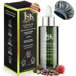 JSK Organic Castor Oil for Hair Growth, Eyelash Serum, USDA Certified Cold-Pressed Unrefined Hair Oil, 100% Pure Hexane-Free, 3.3 Oz Glass Bottle with Bonus Silk Hair Bonnet