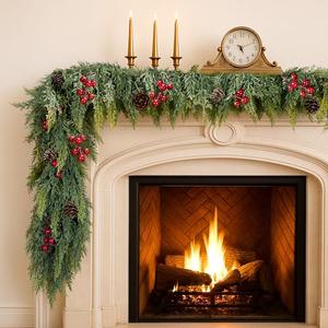 ENVEN Artificial Cedar Christmas Garland Real Touch Realistic Soft and Thickness Garland Faux Full Greenery Holiday Garland for Mantel, Fireplace, Front Door, Indoor Outdoor Xmas Decoration (9FT)