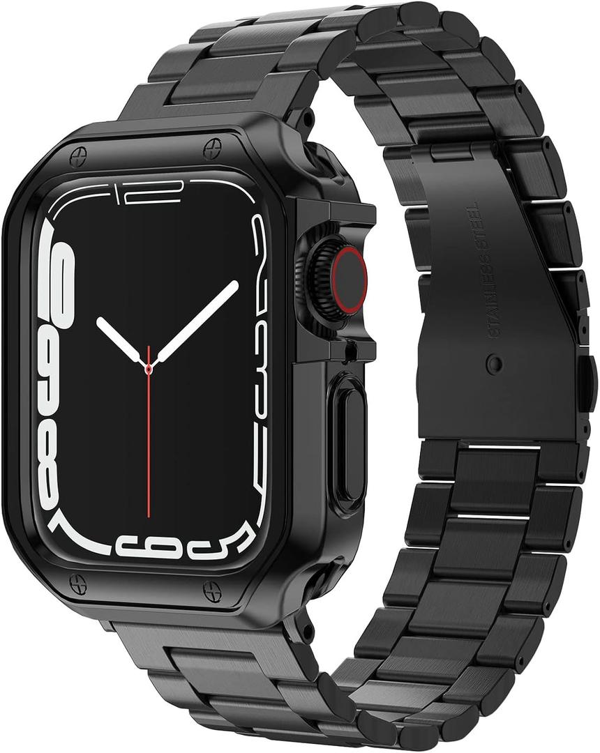 Compatible with Apple Watch Band and Case, Stainless Steel Metal Chain with TPU Cover, Smart-Watch Link Bracelet Strap, Wrist-Band for i-Watch Series 9 8 7 6 5 4 3 2 1 SE, 45mm 44mm 42mm, Black