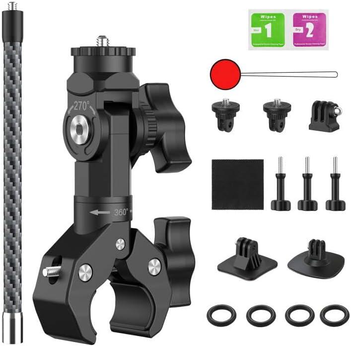 Action Camera Motorcycle Mount Bundle Compatible with Insta360 X5, X4, X3, X2, GO 3S, GoPro Hero 13/12/11, DJI Osmo Action 5 Pro - Heavy-Duty Handlebar Clamp & Helmet Extension Arm Kit