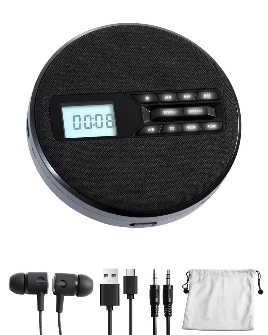 CD Player Portable with Speakers  Rechargeable Personal CD Player for Car and Home, Small Fabric Music Player with Backlit Display, AntiSkip, AUX/USB Port  Ideal for Audiobooks & Gifts