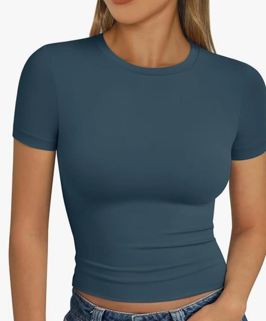 Trendy Queen Womens Short Sleeve T Shirts Summer Crop Tops Basic Slim Fit Gym Workout Y2k Clothes Medium Teal