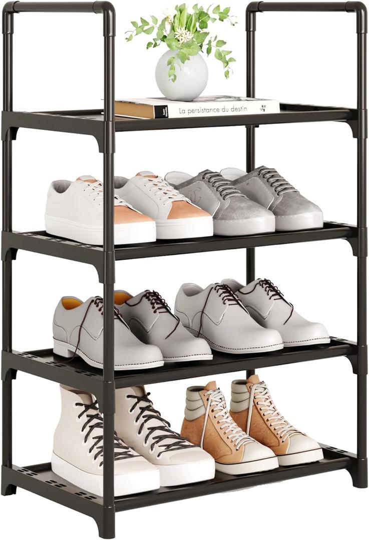 Upgrade Stackable Small Shoe Rack, 4-Tier Shoe Shelf Storage Organizer with Handle for Entryway, Hallway and Closet (Black)