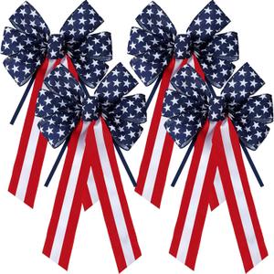 Yunlly 4 Pieces Large Patriotic Star Bows Decor Blue White and Red Stripes and Stars Bows for Indoor Outdoor Patriotic Decorations