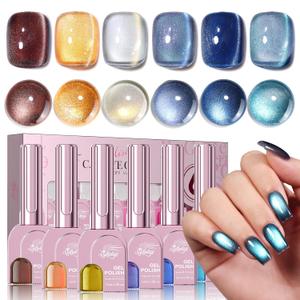 Cat Eye Gel Nail Polish Set, 6 Colors 12ML - 9D Glassy Holographic Glitter, Magnetic Nail Art Kit with Magnet, Soak Off UV LED Gel for DIY Home Salon Manicure Gift for Women