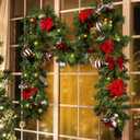 Christmas Garland with Lights, Pre-lit 9ft Christmas Decorations with 50 Warm White LED Lights, Berries, Balls, and Red Flower for Door, Stairs, Railing, Indoor, Outdoor, Battery Operated