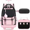 Bevalsa Rolling Backpack for Girls, 3PCS Roller School Backpacks with Lunch Box & Pen Case, Kids Bookbag Schoolbag with Wheels for Teen Girl Kindergarten Elementary Middle School (Pink)