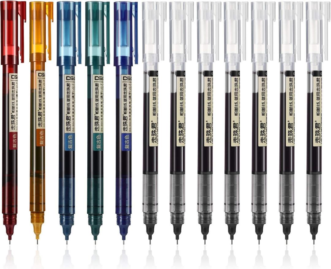 Frienda 12 Pieces Rolling Ball Pens 0.5 mm Japanese Quick Drying Fine Point Pens Liquid Ink Smooth Writing for Office Student Back to School Supplies(Retro Colors and Black)