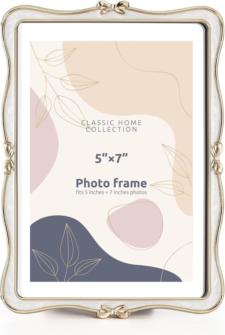 Metal Bow Picture Frame 5x7 Photo Frames with High Definition Glass Front Gift Ideas Tabletop Home Decorative, Gold & White