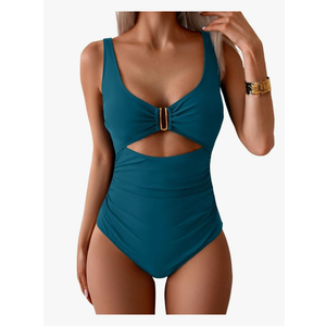 Eomenie Women's One Piece Swimsuit Tummy Control Ruched Bathing Suit Cutout V Neck Swimwear High Cut Tie Back Swim Suit, Size -L