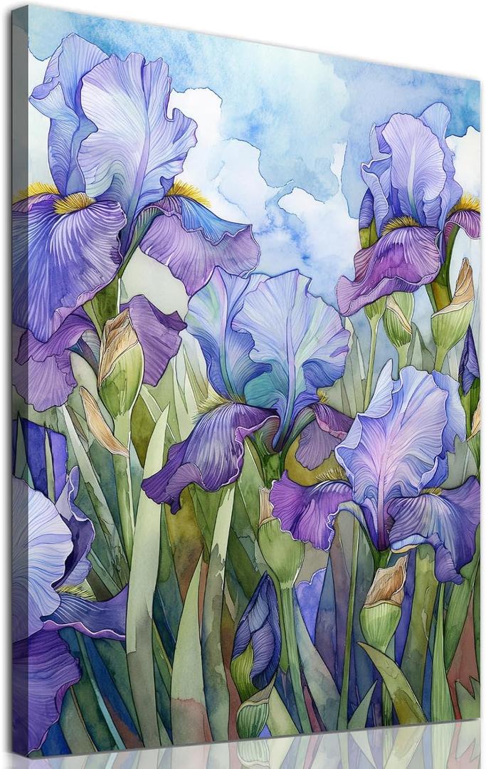 Iris Flower Wall Art Purple Botanical Prints Elegant Canvas Wall Art Purple Flower Painting Watercolor Floral Pictures Green Botanical Artwork Iris Canvas Abstract Flowers Poster 16x24inch Framed