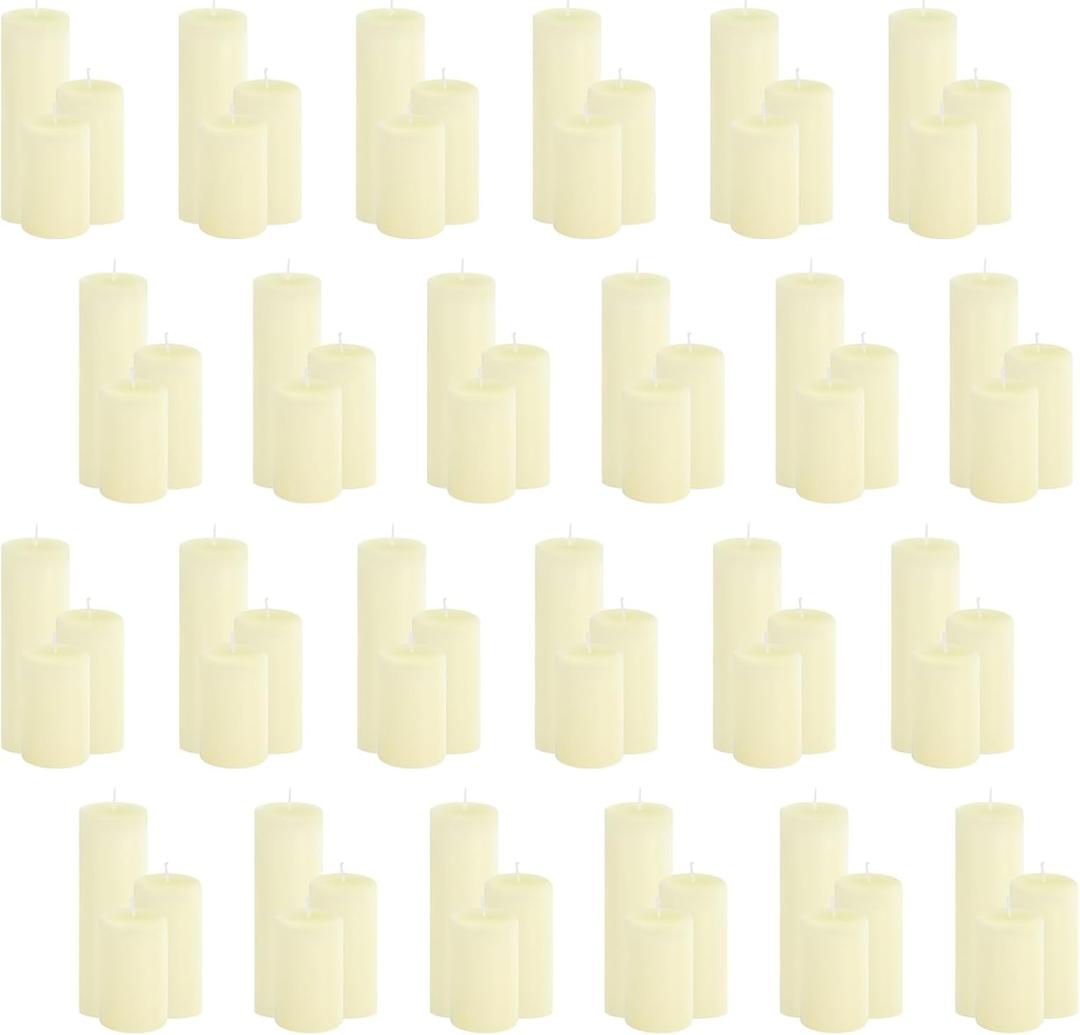 72-Pack Ivory 2-Inch Wide Pillar Candles, Bulk Set of 3 Heights (3, 4, 6 Inch), Dripless Unscented Smokeless Hurricane Candles for Creating Warm Elegant Atmosphere at Weddings and Events.
