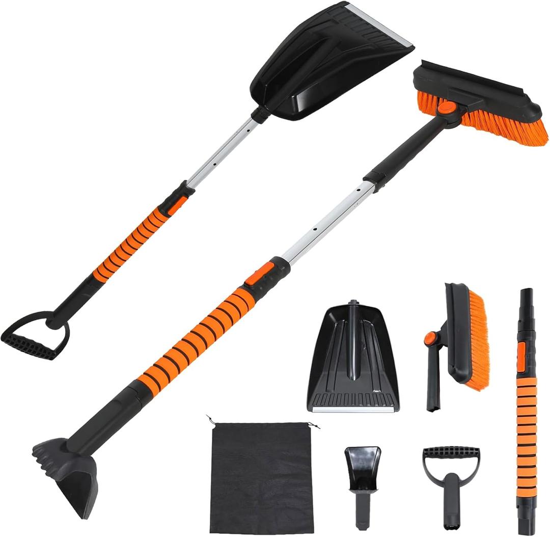 34'' to 41'' Extendable Snow Brush, Ice Scraper for Car Windshield, Emergency Snow Shovel Snow Broom with Foam Grip 180 Pivoting Brush Head, Telescoping Snow Scraper for Car SUV Truck (red black)