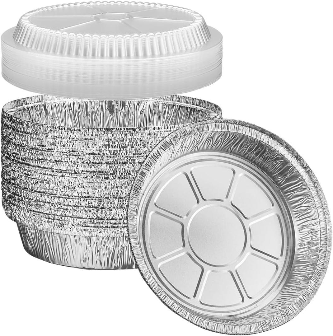 GUSTO [50 Count 9 Inch Disposable Round Aluminum Foil Pans with Clear Plastic Dome Lids, Great For Baking, Cooking, Storage, and Reheating (Formerly Comfy Package)