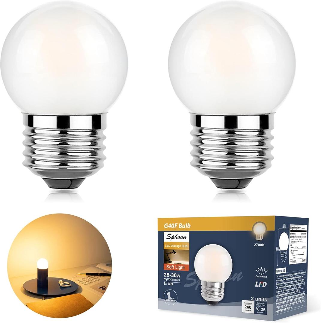G40 Led Low Wattage Bulb 3W Equivalent 25 Watt Light Bulbs, Standard E26 Small Power, Frosted, Warm White 2700K, Dimmable for Bathroom Bedside Accent Lamps Appliance Bulb Refrigerator Pack of 2