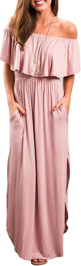 Sarin Mathews Womens Off The Shoulder Ruffle Party Dress Casual Side Split Beach Long Maxi Dresses with Pockets (Pink) L
