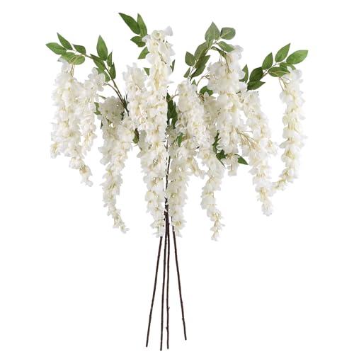 IPOPU 3.9FT Wisteria Artificial Flowers, 4PCS Wisteria Hanging Flowers, Silk White Flower with Long Stem for Tall Vase Filling Wedding Wall Backdrop Centerpieces Home Decoration (White)