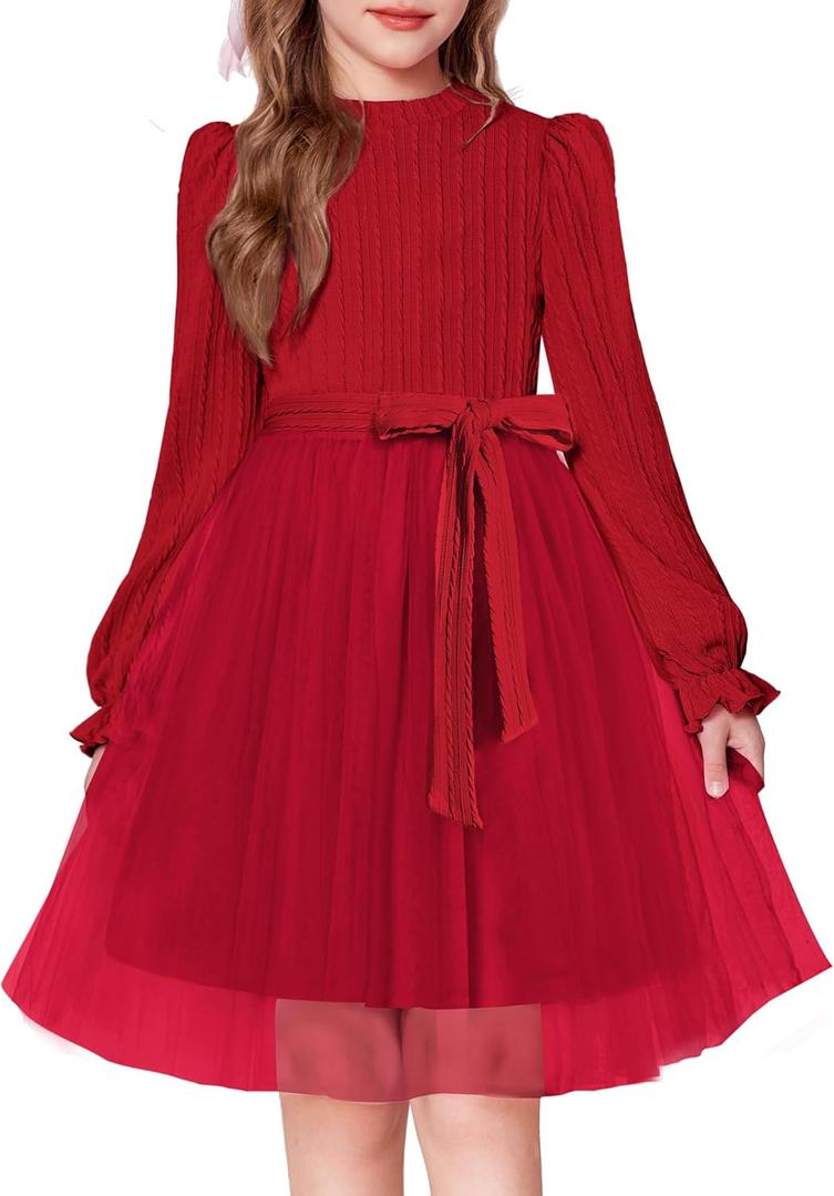 Arshiner Girls Tulle Dress Puff Long Sleeve Mock Neck Cable Knit Sweater Formal Casual Fall Winter Tutu Dresses with Belt (7-8 Years, Red)