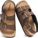 Kids Cork Footbed Sandals Boys Girls Toddler Adjustable Double Buckle Slides with Back Strap, Lightweight Summer Casual Shoes (Brown)