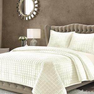 Tribeca Living Luxury Velvet Quilt Set King Bedding Set, 260 GSM Soft Velvet Oversized Comforter Set, Florence Box Stitch Premium Bedspread Coverlet for All Season, with 2 Pillow Shams, Ivory