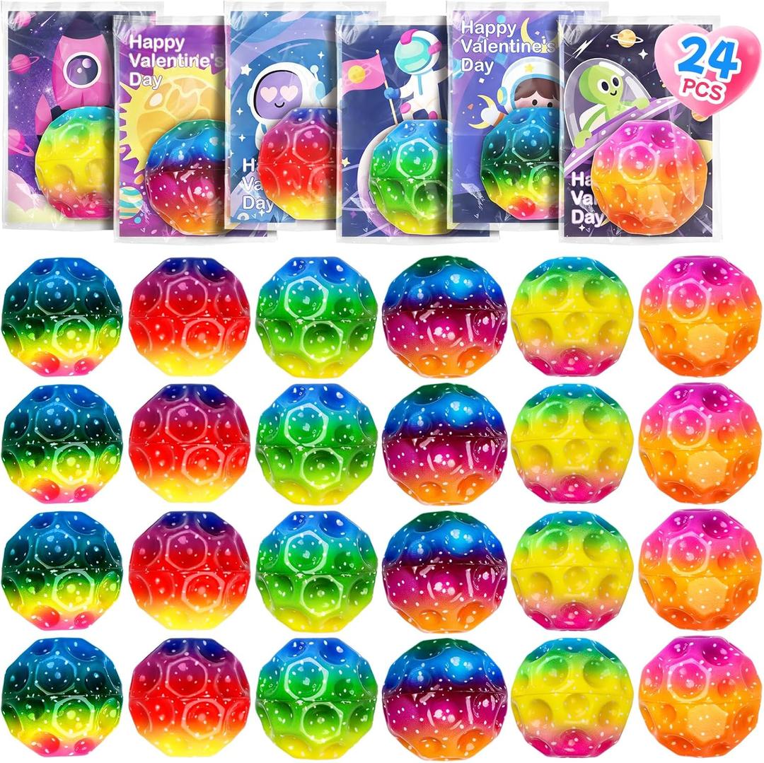 24 Pcs Valentine’s Day Gift Moon Bouncy Balls Bulk with Cards Multicolored Stress Space Balls Party Favors School Classroom Exchanges Goodie Bags Outdoor Sport Toys for Toddlers Boys Girls Kids Teens