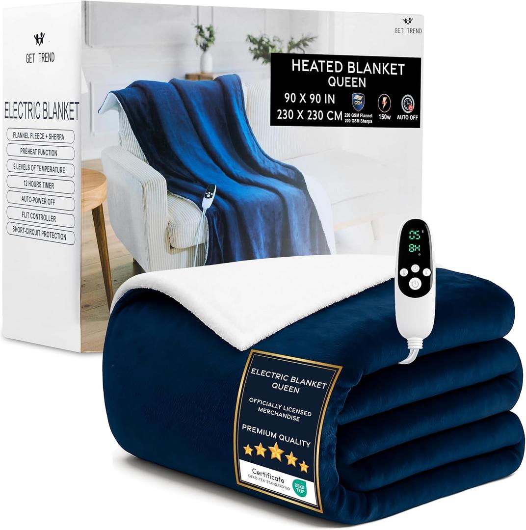Heated Blanket Electric Luxurious Fleece Queen Blanket, 9 Heat Settings & 12H Auto Shut-Off, Gifts for Grandma, Grandpa, Seniors, 90x90 in (Navy, Queen US)