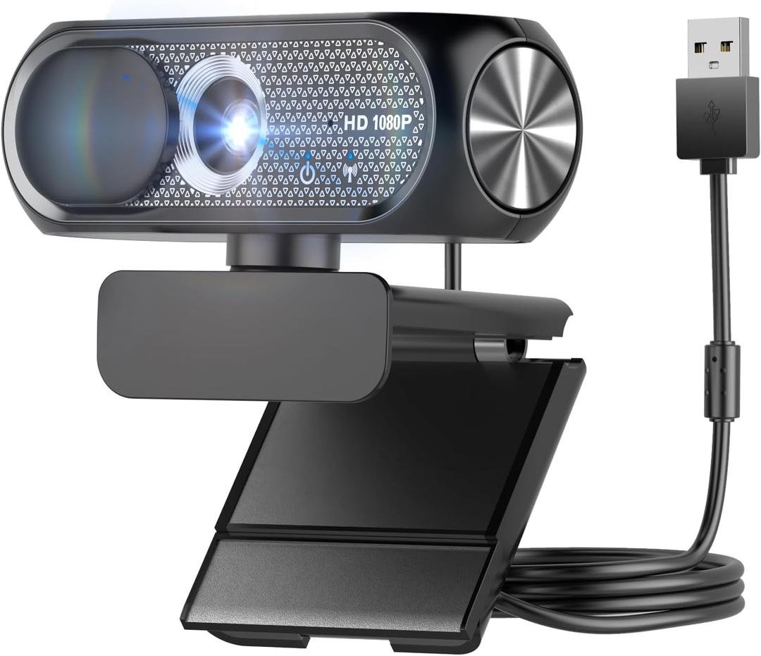 1080P HD Webcam with Privacy Cover, Wide-Angle Lens, Auto Light Correction, Plug & Play USB Webcam for Laptop, Desktop (Black)