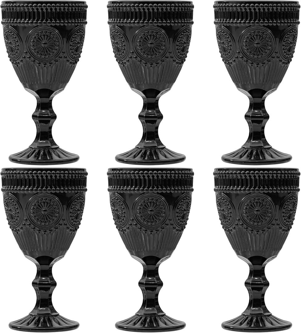 Black Vintage Wine Glasses Set of 6, 10 Ounces Colored Glass Water Goblets, Unique Floral Embossed Pattern High Clear Stemmed Glassware Wedding Party Bar Drinking Cups Fancy Glasses Hand Wash Only