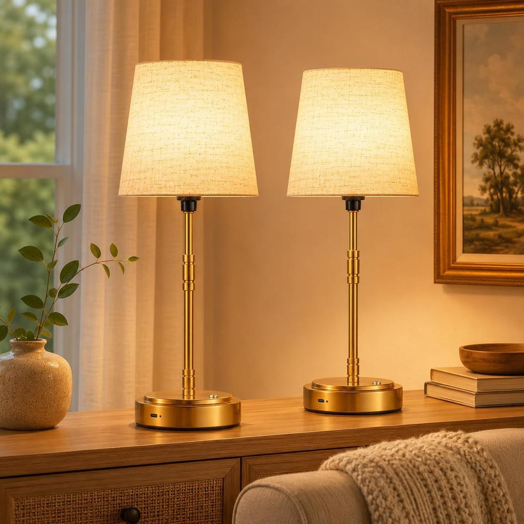 Cordless Table Lamps Set of 2 – Battery Operated Lamp with 7500mAh Rechargeable Battery, Stepless Dimmable Brushed Gold Lamps with Beige Shade, Wireless Lamps for Dining Room(Bulbs Included)