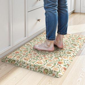KIMODE Padded Kitchen Floor Mats Cushioned Anti Fatigue,3/4 Inch Comfort Memory Foam Ergonomic Standing Carpet for Office Desk,Boho Vintage Sink Rug Non Slip for Laundry,Green/Orange