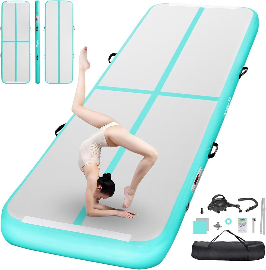 FBSPORT Inflatable Air Gymnastics Mat Training Mats 4/8 inches Thickness Gymnastics Tracks for Home Use/Training/Cheerleading/Yoga/Water with Pump (10ft*3.3ft*4in(3*1*0.1m), light green)