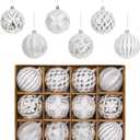 XmasExp Vintage Rustic Christmas Ball Ornaments Sets Farmhouse Distressed Christmas Tree Decorations Shatterproof Antique Traditional Style Xmas Hanging Ornaments Silver White, 12Pcs