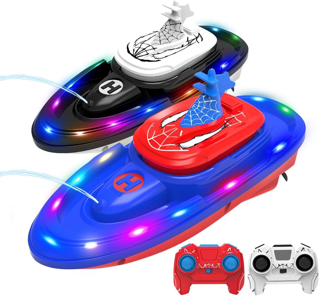 Spider-Shaped Remote Control Boat for Pool, RC Boats 2-Pack Summer Toys with Water Spray for Kids, LED Lights, 2.4 GHz,Gift for Boys or Kids and Adults (Blue & Red)