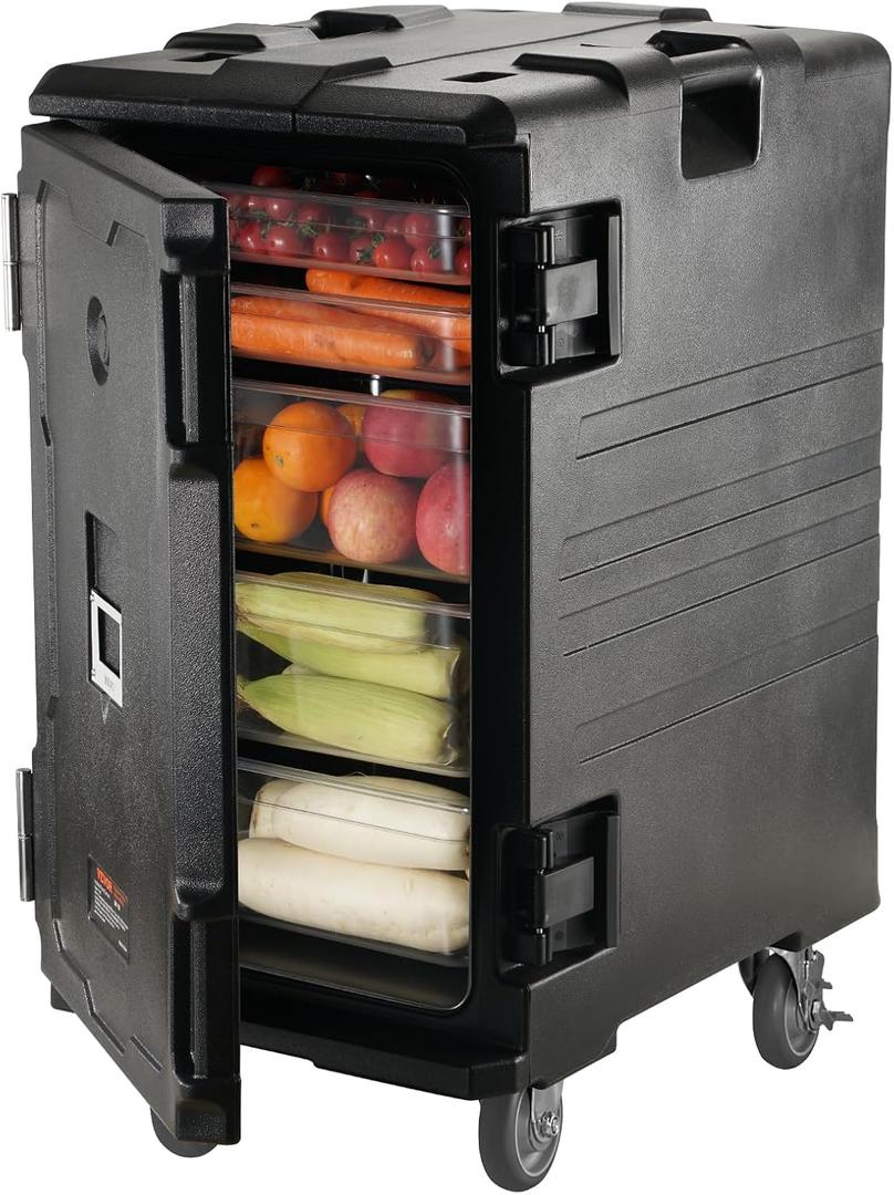 VEVOR Insulated Food Pan Carrier, 127 Qt Hot Box for Catering, LLDPE Food Box Carrier w/Double Buckles, Front Loading Food Warmer w/Handles, End Loader w/Wheels for Restaurant, Canteen, etc. Black