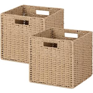 Woven Wicker Storage Baskets 2-Pack, 11x11 Handwoven Paper Rope Organizer Bins, Foldable Cube Storage Cubes with Built-in Handles for Shelves and Closet Organization(Natural Beige)