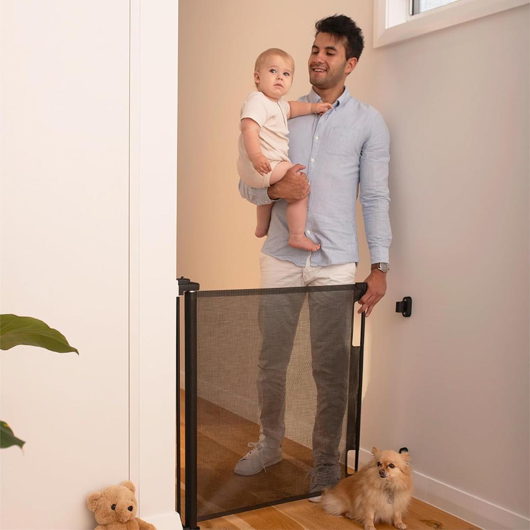Retractable Baby Gate Perma Child Safety 33" Tall x 55 Wide, Mesh, for Stairs, Doorways, Dogs, Pets, Indoor, Outdoor, One-Handed Operation, Locking, Easy Install, Hardware Mount, Black