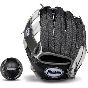 Franklin Sports Kids Baseball Glove + Foam Ball Sets - Meshtek Youth Teeball Gloves for Kids + Toddlers - Left + Right Hand Throw - 9.5" Inch (Black/Graphite/White)