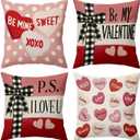 BBOLDIN Valentine's Day Throw Pillow Covers 18x18 Couch Cushion Covers, Buffalo Plaid Bow Decorations for Bedroom Home, Red Pink Farmhouse Pillow Cases Heart Decor Set of 4