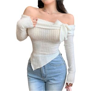 Verdusa Women's Bow Off The Shoulder T Shirt Asymmetrical Fuzzy Going Out Fitted Tops (White, M)