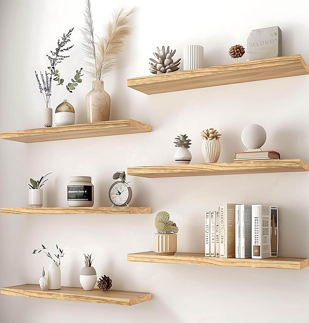 PHPH 24 Inch Wood Floating Shelves for Wall, Wooden Wall Shelves for Bedroom, Set of 6 Light Brown (24in, Light Wood)
